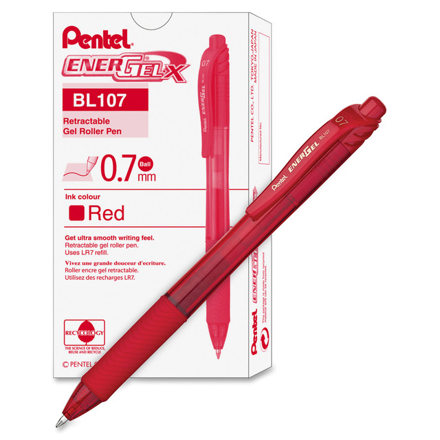 PENTEL OF AMERICA, LTD. BL107B Pentel EnerGel-X Retractable Gel Pens, Medium Point, 0.7 mm, Red Barrel, Red Ink, Pack Of 12 Pens PENTEL OF AMERICA, LTD. BL107B Pentel EnerGel-X Retractable Gel Pens, Medium Point, 0.7 mm, Red Barrel, Red Ink, Pack Of 12 Pens