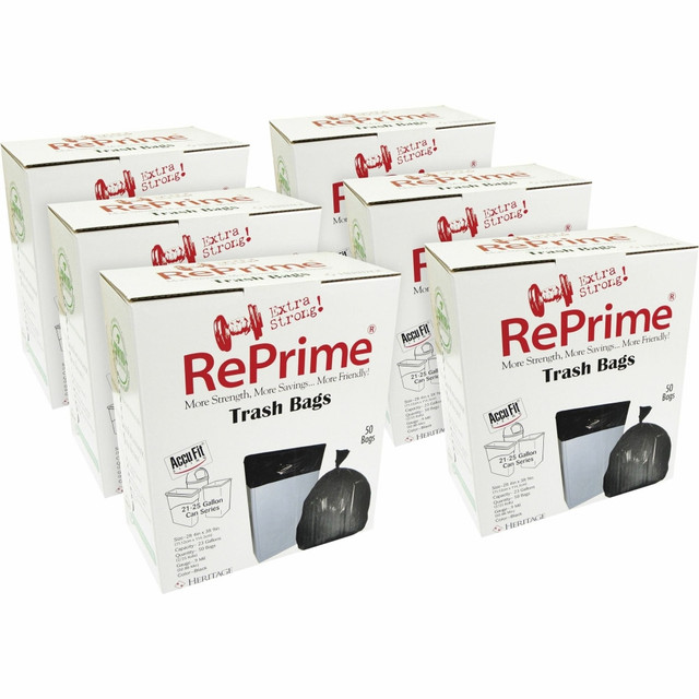 HERITAGE TRAVELWARE LTD Heritage H5645TKRC1CT  Accufit RePrime Trash Bags - 23 gal Capacity - 28in Width x 45in Length - 0.90 mil (23 Micron) Thickness - Low Density - Black - Linear Low-Density Polyethylene (LLDPE) - 6/Carton - 50 Per Box - Waste Di