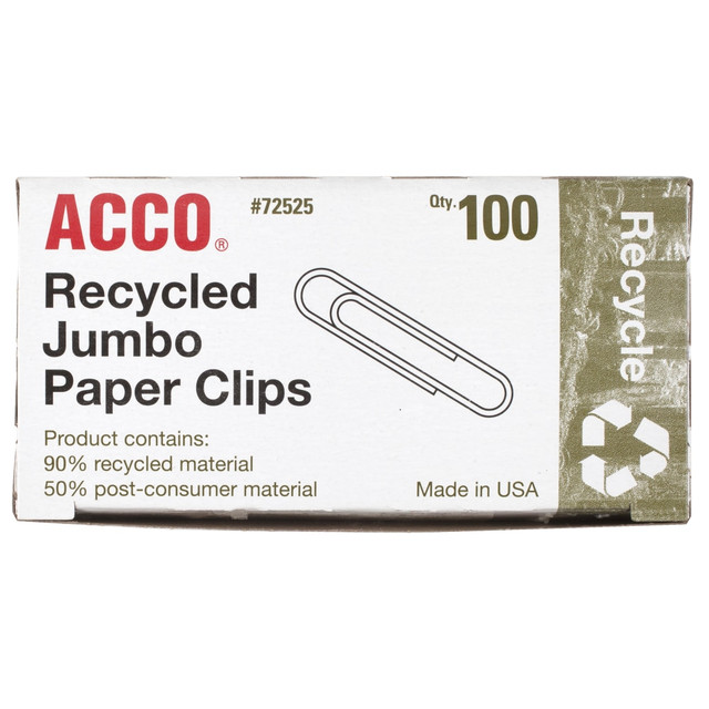 ACCO BRANDS USA, LLC 72525 ACCO Paper Clips, Box Of 100, Jumbo, 90% Recycled, Silver ACCO BRANDS USA, LLC 72525 ACCO Paper Clips, Box Of 100, Jumbo, 90% Recycled, Silver