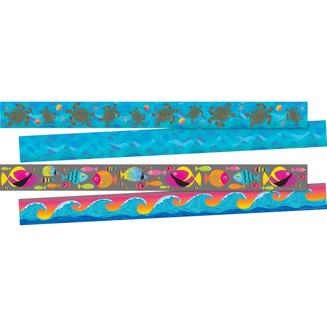 Great for classrooms, break rooms, reception areas, hallways, and more!  Set includes 24 strips that measure 3in x 35in for a total of 70ft of border!  This beautiful trim is double-sided to allow different looks for different days.  Two packages in set.  Each package includes 12 strips that measure 3in wide by 35in long  Helps you frame doors and windows or surround bulletin boards to add a decorative touch.  Border is printed on both sides  Printed on durable 10pt card stock  Set includes two packages of Barker Creek"s new Kai Ola Border. You get 35" of Kai Ola Sea Turtle Border and 35" of Kai OlaTropical Fish Border. That"s a total of 70" of border in the set!
