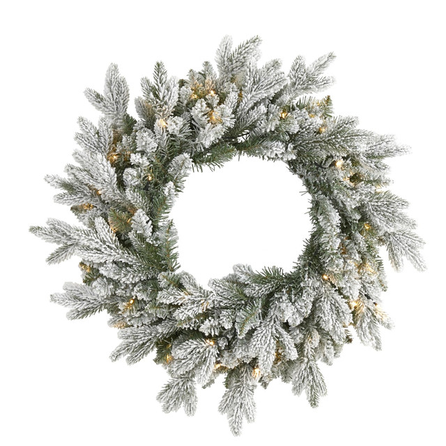NEARLY NATURAL INC. Nearly Natural W1128  Flocked Artificial Christmas Wreath With 50 LED Lights, 24in x 5in, Green