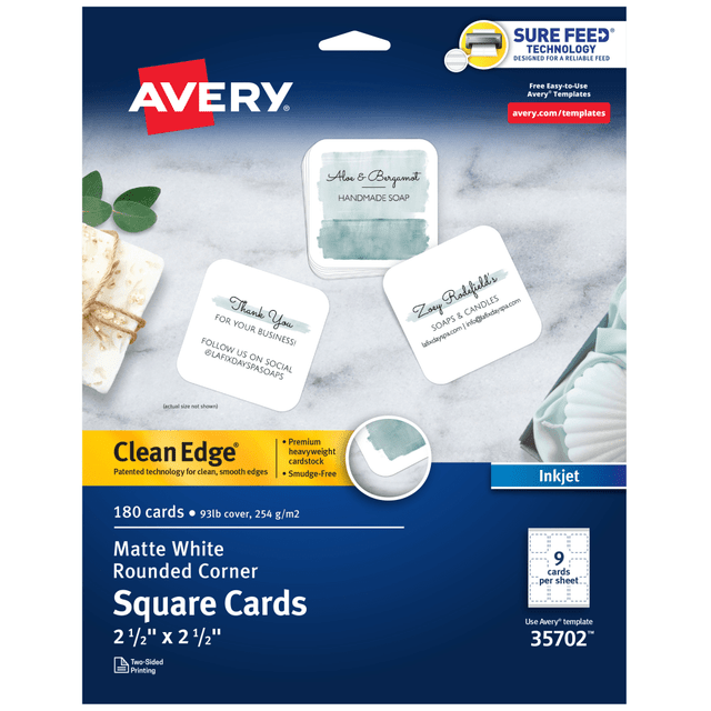 AVERY PRODUCTS CORPORATION 35702 Avery Clean Edge Printable Square Cards With Sure Feed Technology & Rounded Corners, 2.5in x 2.5in, White, 180 Blank Cards For Inkjet Printers