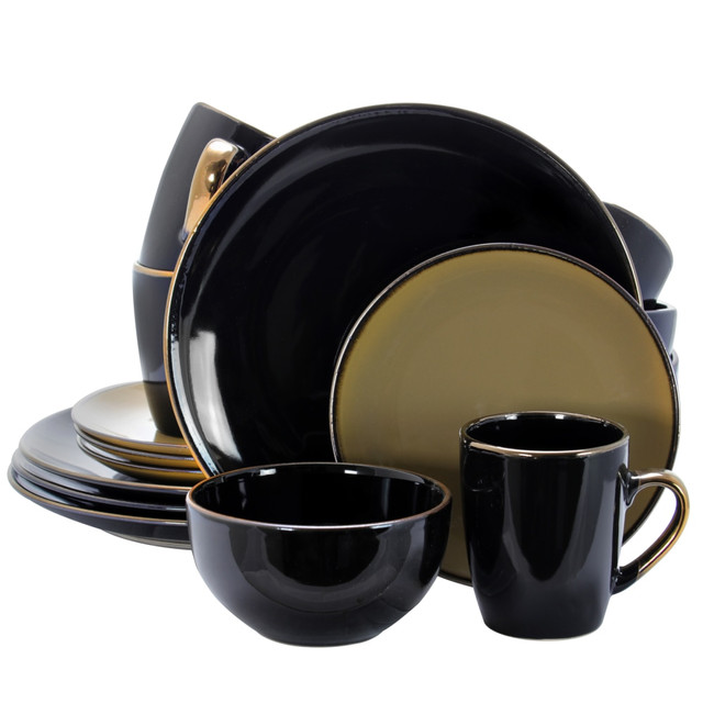 MEGAGOODS, INC. Elama 995109540M  16-Piece Stoneware Dinnerware Set, Black/Warm Taupe