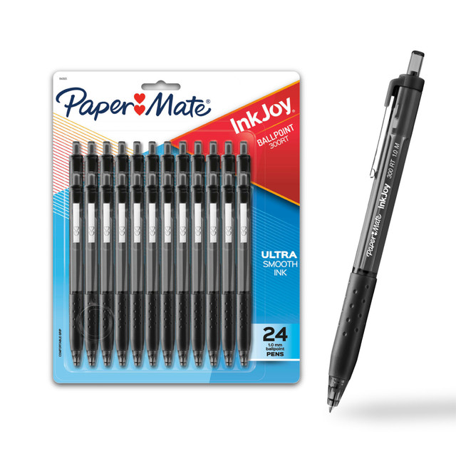 NEWELL BRANDS INC. 1781569 Paper Mate InkJoy 300 RT Retractable Pens, Medium Point, 1.0 mm, Clear Barrels, Black Ink, Pack Of 24 NEWELL BRANDS INC. 1781569 Paper Mate InkJoy 300 RT Retractable Pens, Medium Point, 1.0 mm, Clear Barrels, Black Ink, Pack Of 24