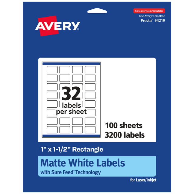AVERY PRODUCTS CORPORATION 94219-WMP100 Avery Permanent Labels With Sure Feed, 94219-WMP100, Rectangle, 1in x 1-1/2in, White, Pack Of 3,200