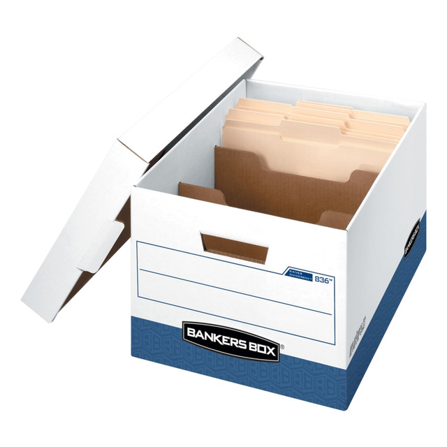 FELLOWES INC. 83601 Bankers Box R Kive DividerBox Heavy-Duty FastFold File Storage Boxes With Locking Lift-Off Lids And Built-In Handles, Letter/Legal Size,  10inH x 12W x 15inD, 60% Recycled, White/Blue, Case Of 12