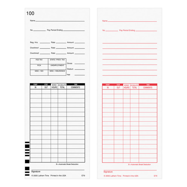 LATHEM TIME CORPORATION Lathem E79-100  Time Cards, F/7000E, Numbered 1-100, 2-Sided, 3 3/8in x 9in, White, Pack Of 100