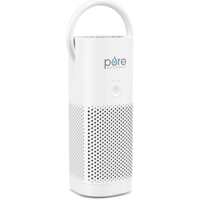 Breathe easier during allergy season with help from the Pure Enrichment PureZone HEPA Mini Portable Air Purifier. This quiet HEPA air purifier is easy to take with you on vacations and business trips, so you can enjoy cleaner air wherever you go.  Compact air purifier is designed for rooms up to 54 sq. ft. in size.  2-stage purification process captures up to 99% of airborne allergens.  True HEPA filter and activated carbon pre-filter remove dust, pollen, pet dander, smoke, mold spores and household odors.  3 fan speeds let you adjust based on current air quality.  Whisper quiet for a peaceful atmosphere.  Travel air purifier offers a 2-in-1 handle that doubles as a stand for simple placement.  Rechargeable battery provides up to 12 hours of cordless use. Battery life will vary depending on the product configuration, product model, applications loaded on the product, power management setting of the product, and the product features used by the customer. As with all batteries, the maximum capacity of this battery will decrease with time and usage.  Backed by the manufacturers 5-year limited warranty.  Travel air purifier is finished in white.