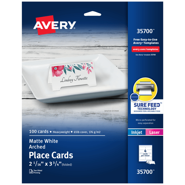 AVERY PRODUCTS CORPORATION Avery 35700  Printable Arched Tent Cards With Sure Feed Technology, 65 lb, 2-1/16in x 3-3/4in, White, 100 Blank Place Cards