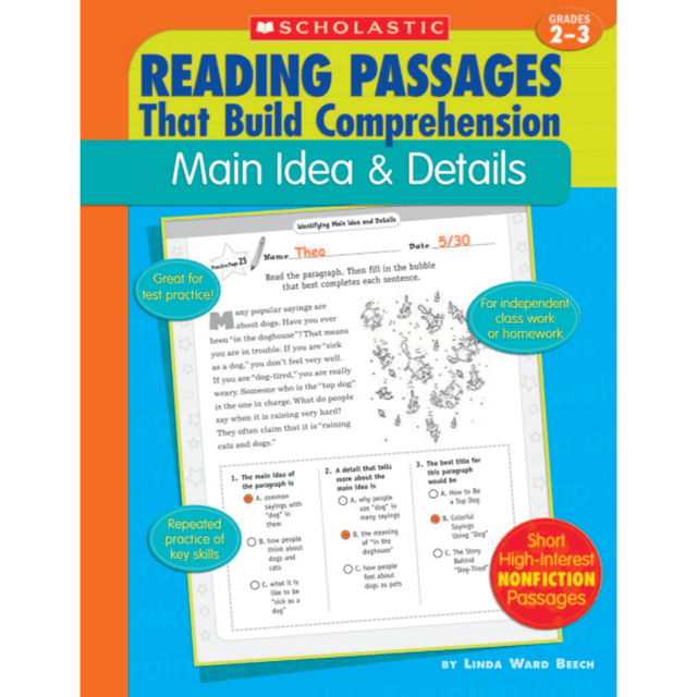 Give students the repeated practice needed to master the reading skill of identifying the main idea and supporting details  Each of the 35 reproducible pages features a high-interest nonfiction reading passage.  Test-formatted practice questions (bubble-test) target this essential reading comprehension skill.  Flexible and easy to use - in school or at home.  Also includes model lessons, pre- and post-assessments and an answer key.  Helps students succeed on tests.
