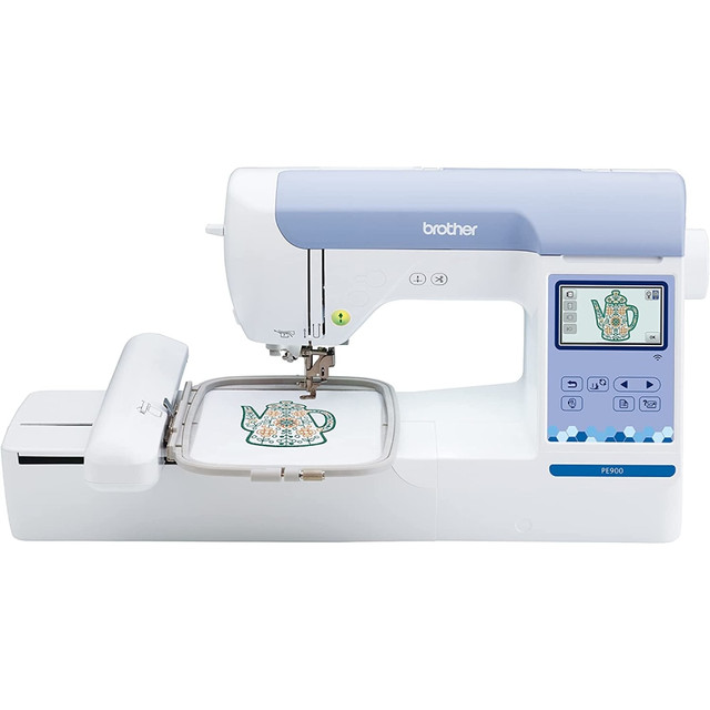 Add a personal touch to all of your projects with the Brother PE900 5in x 7in Embroidery Machine. With 193 built-in embroidery designs and 13 built-in embroidery fonts, you can find a pattern or design that speaks to you.  Made from durable plastic.  Includes 193 built-in embroidery designs and 13 built-in embroidery fonts.  Boasts a 5in x 7in maximum embroidery area.  Boasts a Jump Stitch trimming function.  Supports Wireless LAN connectivity.  Large 3-3/4in LCD display for ease of use.  Integrated storage for accessories.