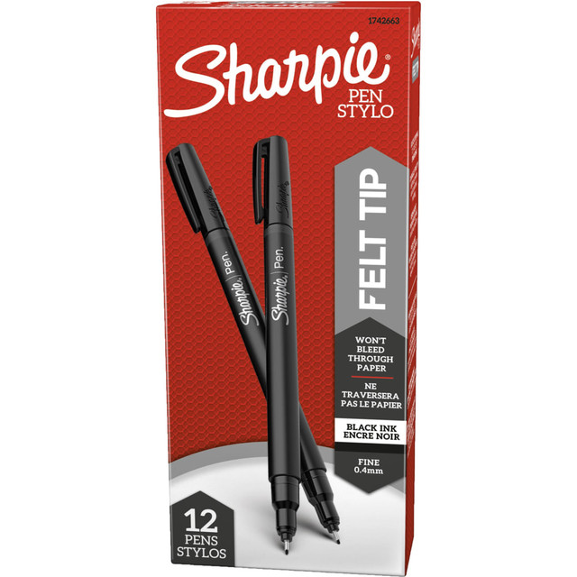 The mark of the perfect pen. The performance of a Sharpie Permanent Marker meets pen-like precision: thats the signature of the one-and-only Sharpie Pen. A slim design, contoured grip, and fine point come together to deliver dreamlike detail and ridiculous control. Inspiring action with your writing and art, Sharpie Pens feature quick-drying, fade-resistant ink that wonT bleed through paper. The result is an incredible writing instrument that all other pens try to copy, but zero can touch.  Color-full, brilliant shades ignite thought-provoking messages  Ink wonT bleed through paper and is acid-free and archival-quality  Quick-drying ink is both water- and fade-resistant; AP certified  Fine point and slim, contoured design for effortless detail and control  Includes: 12 black Sharpie felt tip pens  ACMI Certified AP Nontoxic. For detailed information see www.acmiart.org.  Less harsh chemicals - made with fewer harsh chemicals, or safer chemicals than typical alternatives, helping  reduce your use of and exposure to substances that may be more harmful to your health and the environment.