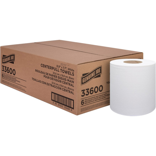 GENUINE JOE 33600  Centerpull Towel Rolls - 600 Sheets/Roll - White - Virgin Fiber - 6 / Carton