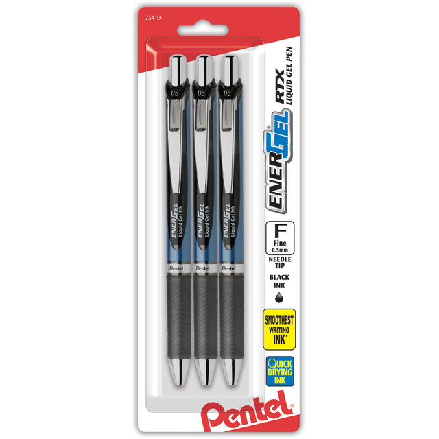 PENTEL OF AMERICA, LTD. BLN75BP3A Pentel EnerGel Deluxe RTX Retractable Pens, Needle Point, 0.5 mm, Assorted Barrels, Black Ink, Pack Of 3