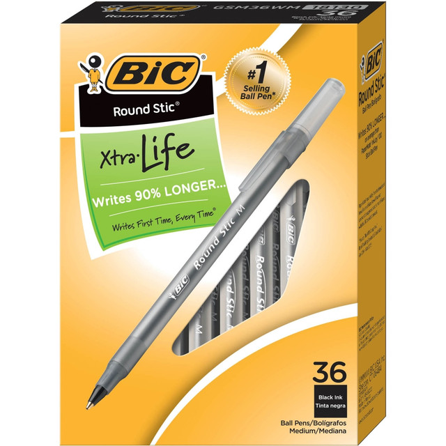 BIC CORP GSM36WM-BLK BIC Round Stic Xtra Life Ballpoint Pens, Medium Point, 1.0 mm, Translucent Barrel, Black Ink, Pack Of 36 Pens