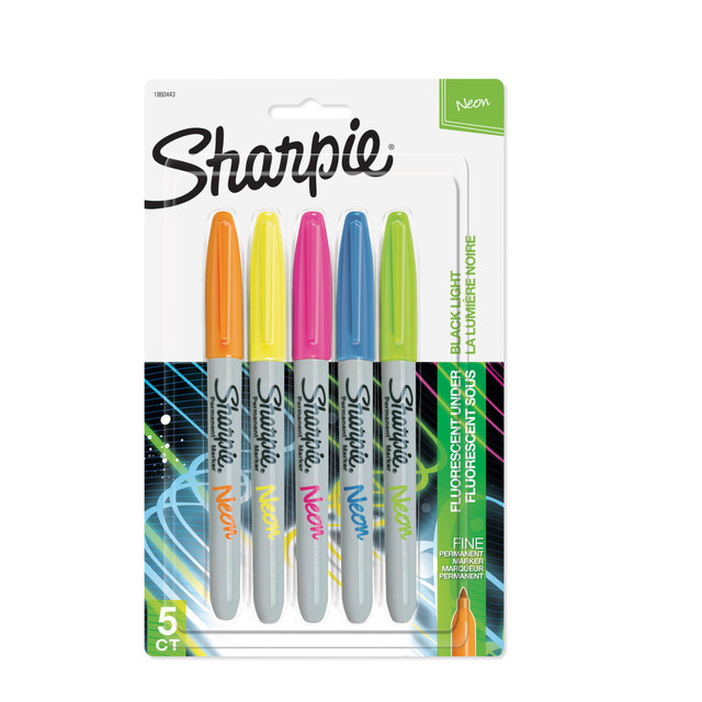 NEWELL BRANDS INC. 1860443 Sharpie Neon Permanent Markers, Fine Point, Assorted Colors, Pack Of 5 NEWELL BRANDS INC. 1860443 Sharpie Neon Permanent Markers, Fine Point, Assorted Colors, Pack Of 5