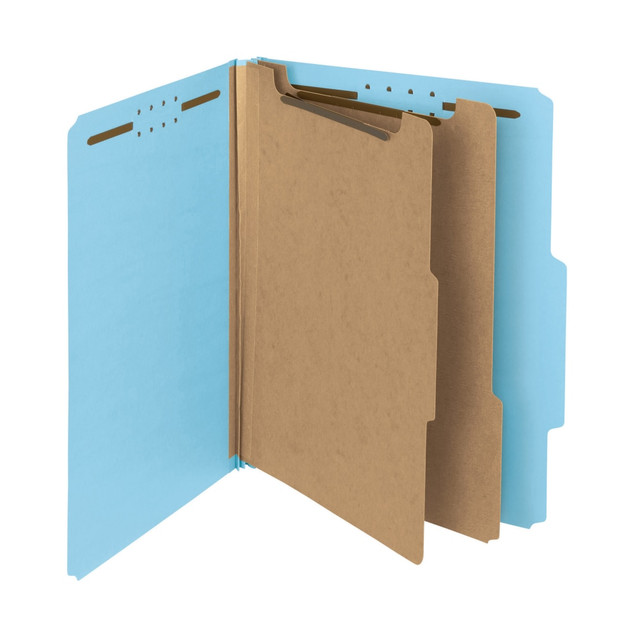 Minimize the time you spend searching for documents and increase the efficiency of your filing system. Ideal for offices looking to become more sustainable, these classification file folders are heavy duty enough to make excellent project files while helping to divert waste materials from landfills.  Durable pressboard stock helps ensure these classification folders with dividers will last. Dividers are made of 17-pt. fiberboard.  Pressboard folders are tabbed 2/5 cut, right of center position. Divider tabs are 1/3 cut.  Letter-size (8 1/2in x 11in) folder with 2 dividers features 2 embossed fasteners in positions 1 & 3 provide 2 separate filing surfaces. Blue classification folders offer 1in twin-prong fasteners on both sides of dividers.  SFI Fiber-Sourcing Certified.  Contains Recycled Content - See Specs for Details.