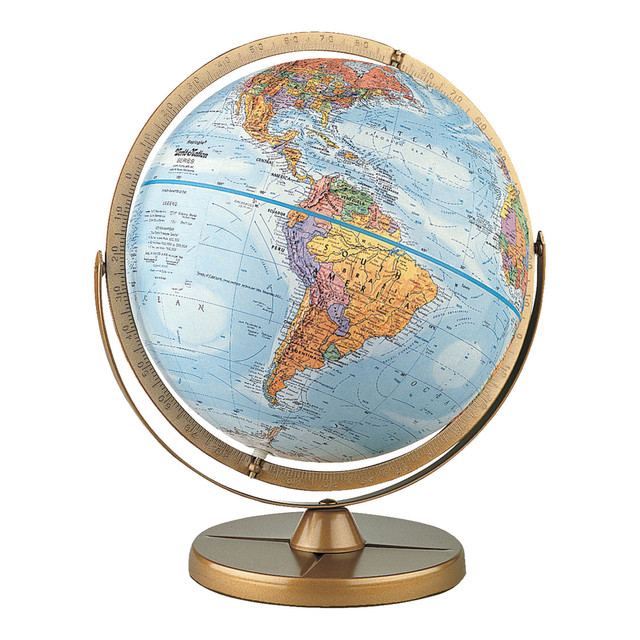 Get an up-close view of countries and boundaries using this globe  Gyro-matic mounting swings up or down to deliver a closer look.  Bright colors make it easy to distinguish political boundaries.  Numbered full-meridian and gyro assembly provide added versatility.  Steel base is rugged and stylish.