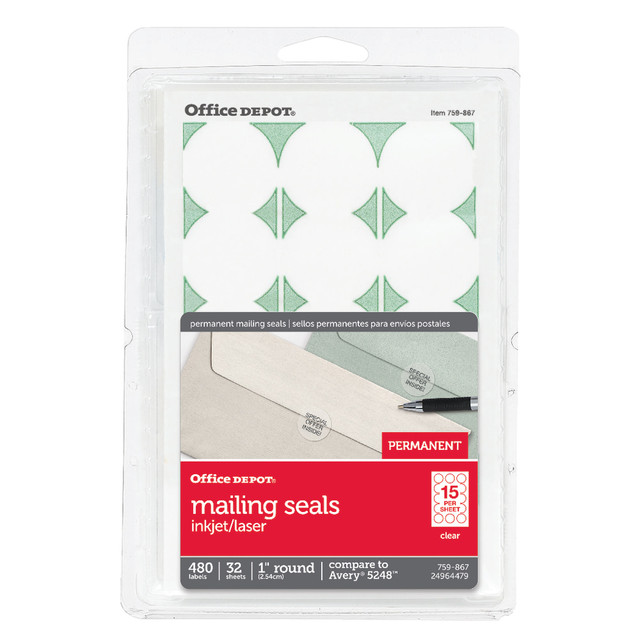 A simple solution for sealing your mailings  Injet/laser printable for you to add your logo or message!  Permanent adhesive ensures seals stick and stay without lifting or curling.  Circular shape for a professional look.  Includes 32 sheets of 15 labels per sheet, for a total of 480 labels.