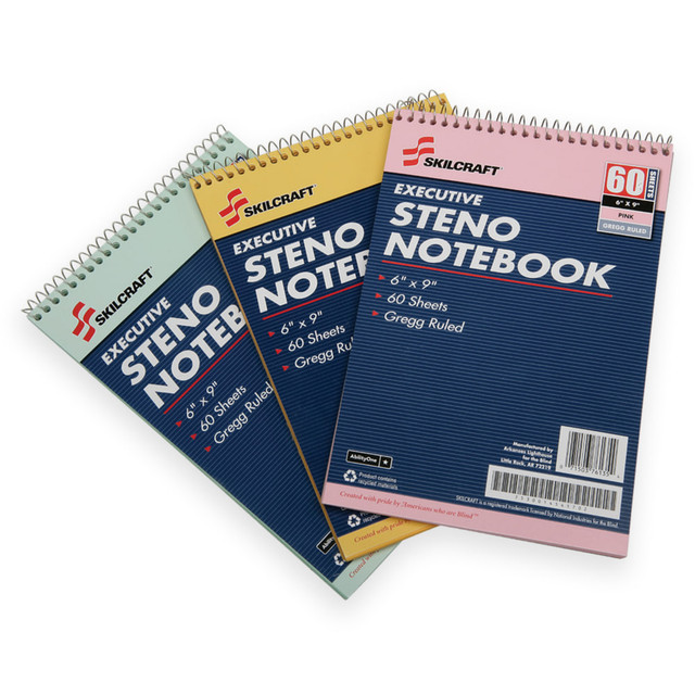 NATIONAL INDUSTRIES FOR THE BLIND 7530-01-454-5702 SKILCRAFT 50% Recycled Steno Notebooks, 6in x 9in, Gregg Ruled, 60 Pages (30 Sheets), White/Blue, Pack Of 3 (AbilityOne 7530-01-454-5702)