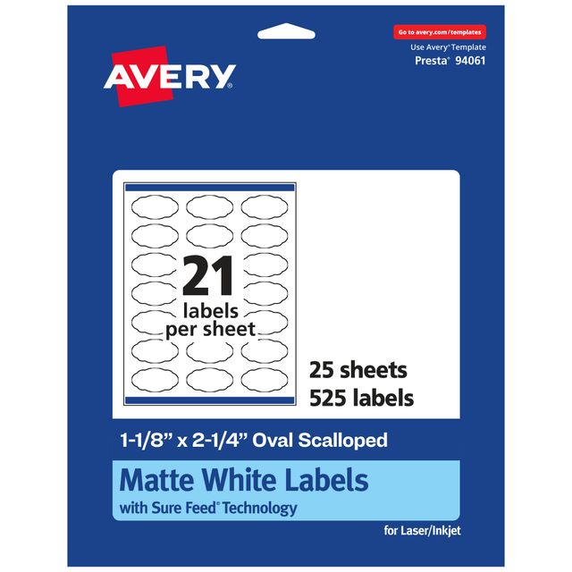 AVERY PRODUCTS CORPORATION 94061-WMP25 Avery Permanent Labels With Sure Feed, 94061-WMP25, Oval Scalloped, 1-1/8in x 2-1/4in, White, Pack Of 525 AVERY PRODUCTS CORPORATION 94061-WMP25 Avery Permanent Labels With Sure Feed, 94061-WMP25, Oval Scalloped, 1-1/8in x 2-1/4in, White, Pack Of 525
