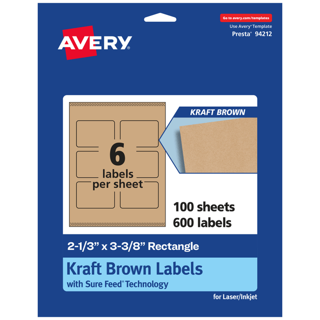 AVERY PRODUCTS CORPORATION 94212-KMP100 Avery Kraft Permanent Labels With Sure Feed, 94212-KMP100, Rectangle, 2-1/3in x 3-3/8in, Brown, Pack Of 600 AVERY PRODUCTS CORPORATION 94212-KMP100 Avery Kraft Permanent Labels With Sure Feed, 94212-KMP100, Rectangle, 2-1/3in x 3-3/8in, Brown, Pack Of 600
