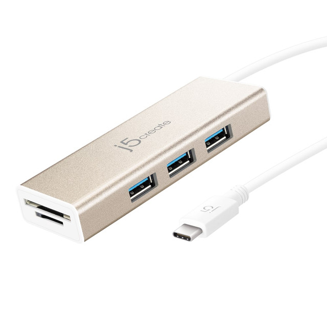 Add 3 additional USB ports to your device for computer peripherals with a j5create USB-C 3-Port HUB. With Secure Digital and MicroSD slots, you can access external memory.  Pocket-sized multi-adapters allow you to add 3 additional USB 3.1/3.0/2.0 ports for computer peripherals.  Secure Digital and MicroSD slots allow for external memory access.  3-port USB 3.0 Type-A SuperSpeed is backwards compatible with USB 2.0.  USB Micro B port provides high-quality performance when you use a high-powered USB device.  Durable aluminum housing.