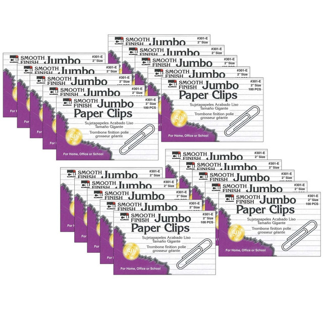 EDUCATORS RESOURCE CHL301E-2 Charles Leonard Jumbo Gem Paper Clips, 100 Clips Per Box, Pack Of 20 Boxes, 2in, Silver, 2,000 Clips