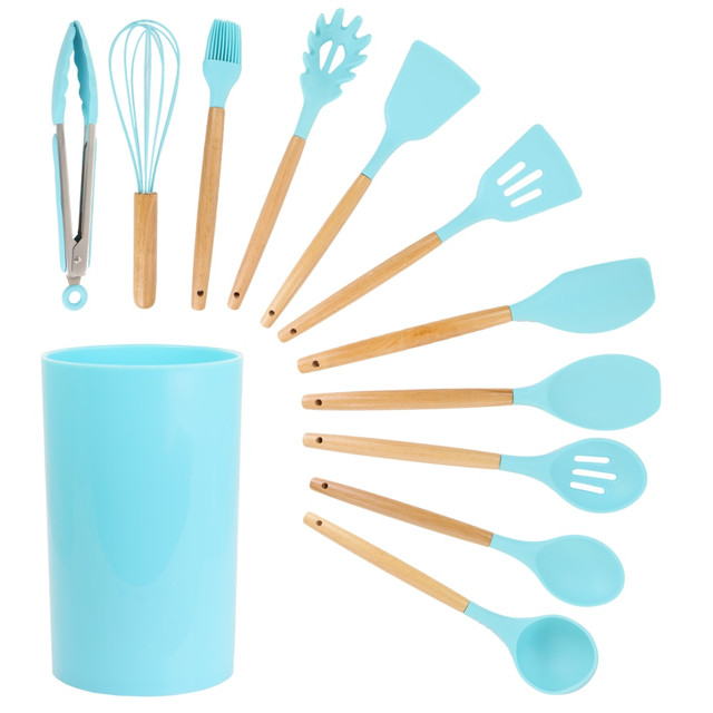 Whip up your favorite recipes with the MegaChef 12-Piece Silicone And Wood Cooking Utensil Set. This set includes a wide variety of utensils for mixing, flipping and serving.  Crafted with wooden handles.  Food-grade silicone heads are gentle on cookware.  Resists chipping, warping, melting, rusting and other damage.  Canister provides a coordinating storage solution.  Set includes a turner, a slotted turner, a spatula, a spatula turner, a pasta spoon, a ladle, a slotted spoon, a spoon, a brush, tongs and a whisk.  Hand wash recommended.  BPA free.