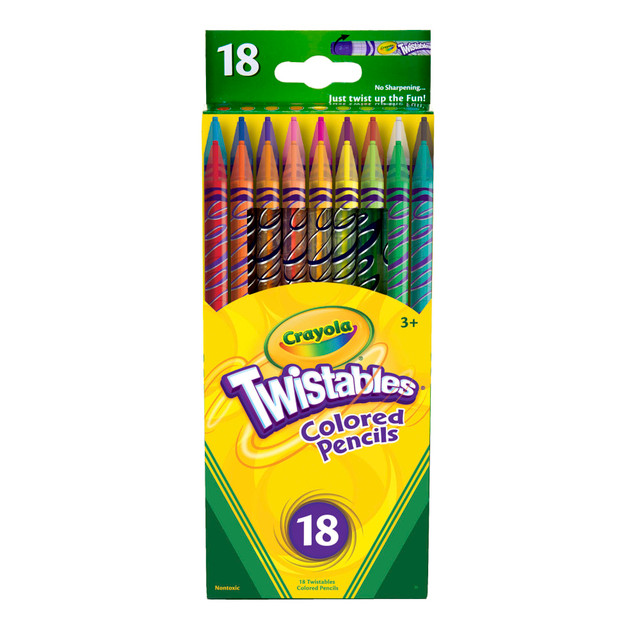 Your little artist can enjoy the fun of color pencils without the danger of using a razor-edged pencil sharpener to maintain a fine point with these Twistables colored pencils. The twist-up design makes it easy for your child to create works of art without the need for an adult to constantly sharpen the pencils.  Crayola erasable colored pencils are great for drawing, sketching and other fun crafts.  Twist-up design eliminates the need for sharpening and maintains the length of the barrel. Twistables erasables color pencils are a great way to let kids show off their creative side.  Clear barrel design lets you see the color-twisting action inside.  Includes a clear vinyl pouch for reusable storage.  Red Orange, Yellow Orange,  Mango,  Fluorescent Orange,  Golden Yellow, Fluorescent Yellow,  Lime Green,  Yellow Green,  Aqua Green, Cerulean,  Blue Violet, Orchid, Fluorescent Pink, Magenta, Maroon,  Light Brown, White, Black  ACMI Certified AP Nontoxic. For detailed information see www.acmiart.org.  Less harsh chemicals - made with fewer harsh chemicals, or safer chemicals than typical alternatives, helping  reduce your use of and exposure to substances that may be more harmful to your health and the environment.
