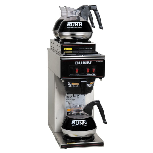 Great for the break room, the BUNN Pourover Coffeemaker can help employees get a boost to start the workday. The coffeemaker brews up to 60 cups per hour and features a SplashGard funnel to protect against burns.  Decanters not included, must be purchased separately  60-cup capacity is ideal for a small- or medium-size business.  Features 2 upper and 1 lower warmers.  SplashGard funnel to keep hot coffee from escaping.  Portable design makes it easy to move.  Made of strong and durable stainless steel.  Sleek stainless-steel finish looks good with most kitchen styles.