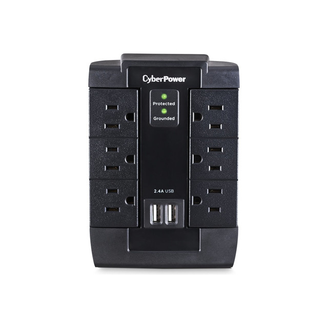 CYBERPOWERPC CSP600WSU CyberPower CSP600WSU Professional 6 - Outlet Surge with 1200 J - Clamping Voltage 800V, NEMA 5-15P, Wall Tap, 2 - 2.4 Amps (Shared) USB, EMI/RFI Filtration, Black, Lifetime Warranty