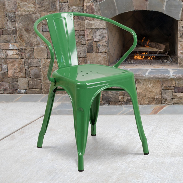 FLASH FURNITURE CH31270GN  Commercial Grade Metal Indoor-Outdoor Chair With Arms, Green