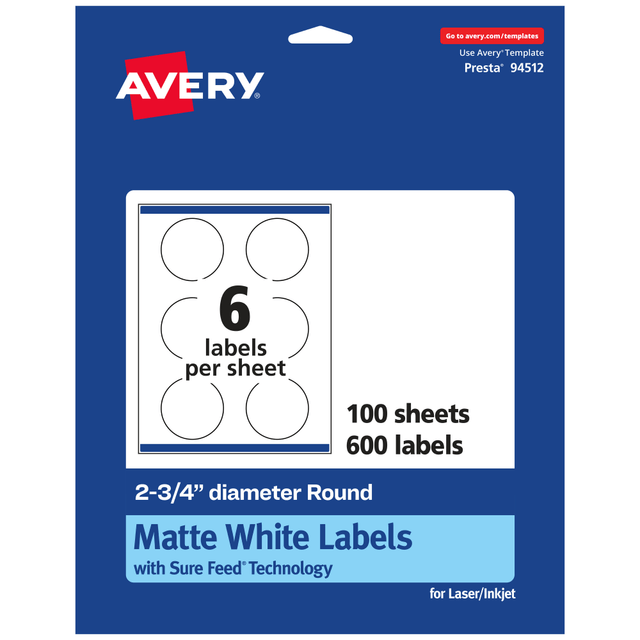AVERY PRODUCTS CORPORATION 94512-WMP100 Avery Permanent Labels With Sure Feed, 94512-WMP100, Round, 2-3/4in Diameter, White, Pack Of 600 AVERY PRODUCTS CORPORATION 94512-WMP100 Avery Permanent Labels With Sure Feed, 94512-WMP100, Round, 2-3/4in Diameter, White, Pack Of 600