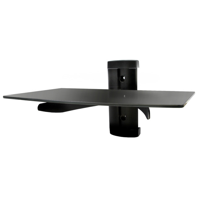 Install this MegaMounts Single-Stud Wall Mount to create a sleek entertainment setup. The wall mount is outfitted with a single tempered-glass shelf to hold your cable box, gaming console, DVD player or other device, and the shelf can be adjusted in height to meet your needs.  Designed to provide wall-mounted support for media players or gaming consoles.  Weight capacity tested to support 22 lb per shelf.  Tempered-glass shelves offer durability and a sleek look.  Crafted from metal for rugged strength.  Shelf can be adjusted in height to fit your equipment.  Cables can be hidden to maintain a sleek appearance.  Offers single-stud mounting.  Coordinates with the Full Motion Wall Mount for Plasma, LCD and LED TVs (sold separately).  Comes with shelving unit, mounting hardware and instruction manual.  Backed by the manufacturers 90-day limited warranty.  Finished in black.