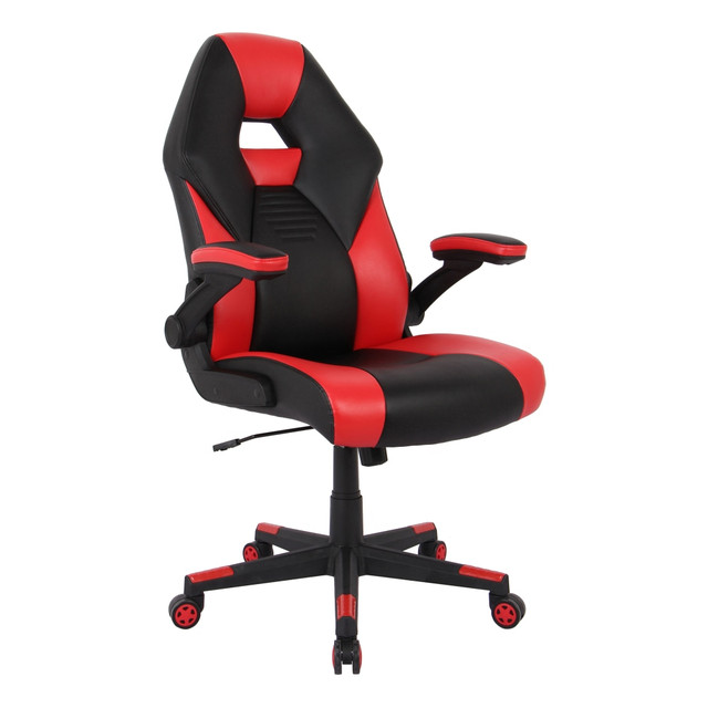 Designed for casual or serious gaming, the RGX High-Back Gaming Chair provides the ease and flexibility you require for any scenario. Contoured seat padding adds overall comfort & support, and the video game chair features padded arms that flip up and out of the way to allow for a wide variety of tasks.  Seat height and tilt adjustments offer optimal positioning.  Padded flip-up arms help accommodate any task.  Contoured padding for extra comfort & support.  Waterfall seat design helps reduce leg stress.  Lumbar support for improved posture.  Durable casters with a distinctive design.  The same comfort and resilience is also great for office, school and special project work.  Weight capacity tested to support 275 lb.  Faux leather chair is comprised of polyurethane and PVC.  ANSI/BIFMA Compliant - This product has been tested and verified for compliance with rigorous performance requirements and safety standards related to specific furniture products.  Faux Leather is a synthetic material. See specs for details.