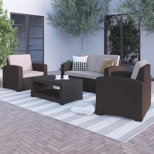 FLASH FURNITURE DADSF112TCBN 4-Piece Outdoor Faux-Rattan Loveseat, Chair and Table Set, Chocolate Brown FLASH FURNITURE DADSF112TCBN 4-Piece Outdoor Faux-Rattan Loveseat, Chair and Table Set, Chocolate Brown