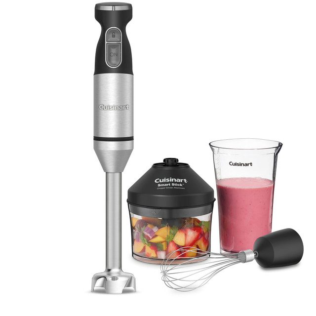 Make delicious blended beverages with this Cuisinart 3-Speed Variable Hand Blender. This versatile hand blender features durable stainless steel blades for long-lasting use.  8in stainless steel blades.  Variable speed slide control.  Includes a 3-cup chopper/grinder attachment.  Backed by the manufacturers 3-year limited warranty.