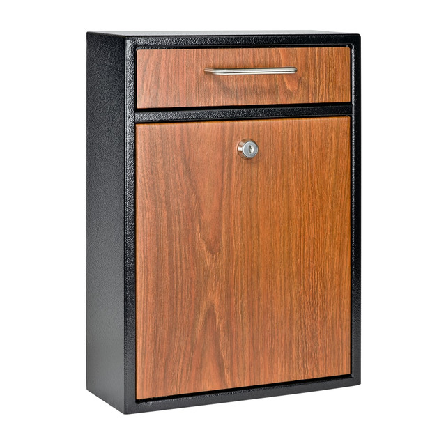 MAIL BOSS LOCKING SECURITY MAILB 7427 Mail Boss Locking Security Drop Box, 16-1/4inH x 11-1/4inW x 4-3/4inD, Black/Wood Grain
