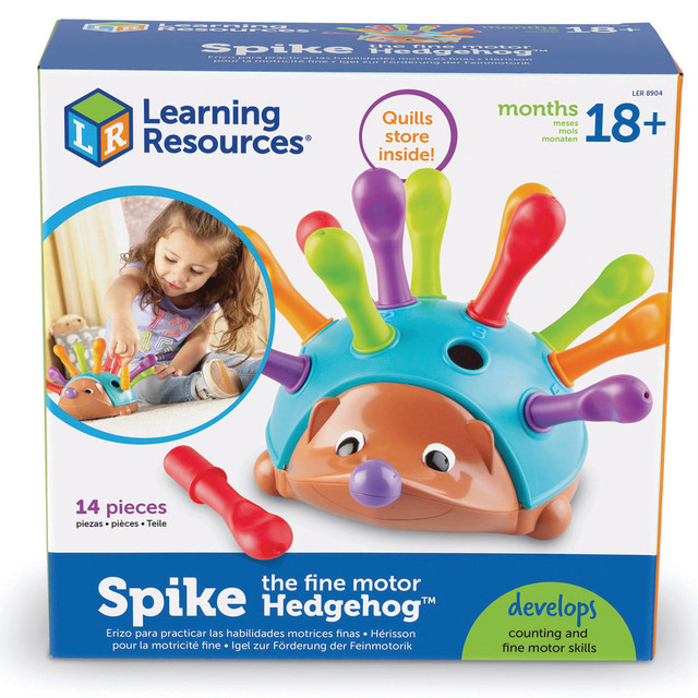 Help your children improve their hand muscles and fine motor skills with friendly Learning Resources Spike The Fine Motor Hedgehog. They can place his quills within the holes on his back, and use them to learn colors and numbers along the way.  Designed to help children develop counting and fine motor skills.  Replace the peg-shaped quills within the holes all over the hedgehog's back.  Colorful quills can also be used with counting, sorting and color identification games.  Each plastic piece can be easily wiped clean.  Intended for children aged 18 months and up.