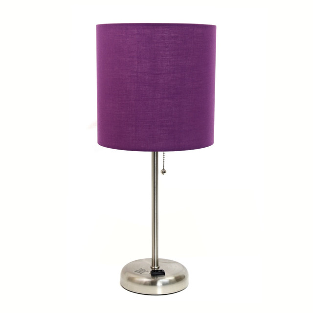 ALL THE RAGES INC CWT-2009-PR Creekwood Home Oslo Power Outlet Metal Table Lamp, 19-1/2inH, Purple Shade/Brushed Steel Base