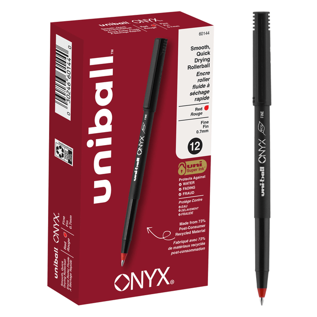 Fine point rollerball pens create clear and crisp letters, numbers and graphics  Fine point rollerball pens with uni Super Ink are fade and fraud resistant, making them a great choice for everyday writing and creative projects.  Quick-drying roller ink helps you write without worrying about smudges or smears.  Convenient pocket clip ensures that your favorite fine point pens are always at hand.  0.7 mm fine point.  Comes in a pack of 12 red pens.  Contains Recycled Content - See Specs for Details.