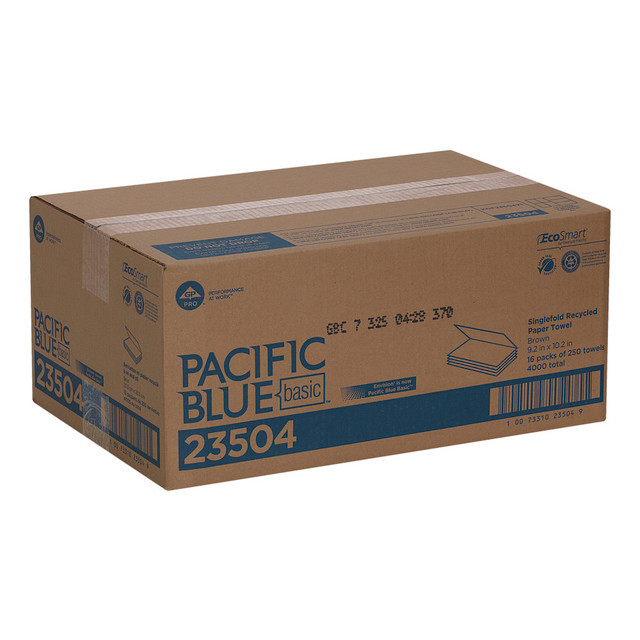 ADVANTUS CORP. 23504 Pacific Blue Basic by GP PRO Single-Fold 1-Ply Paper Towels, 100% Recycled, Brown, Pack Of 4000 Sheets