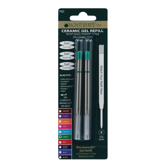 YAFA A PEN COMPANY P422GN Monteverde Parker Style Capless Ceramic Gel Refills, Fine Point, 0.5 mm, Green, Pack Of 2 Refills