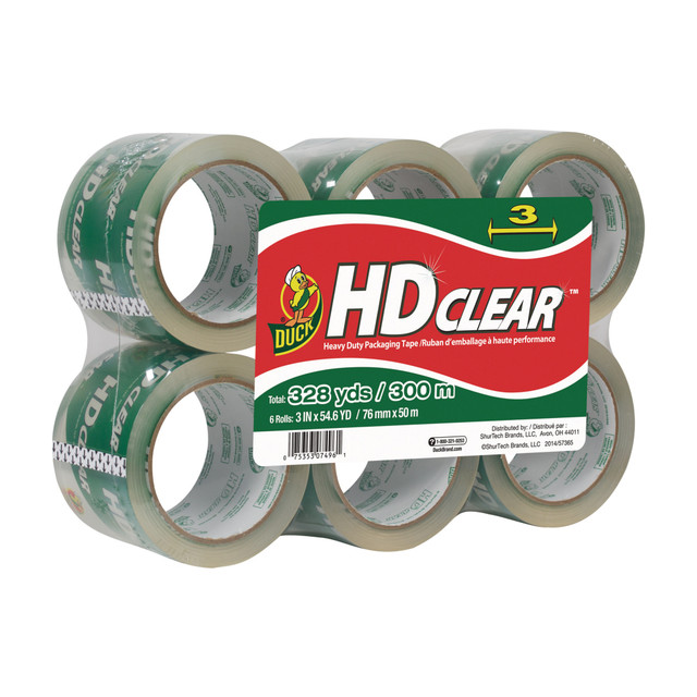 SHURTECH BRANDS, LLC 307352 Duck HD Clear Extra-Wide Heavy Duty Packaging Tape, 3in x 55 Yd., Clear, Pack Of 6 SHURTECH BRANDS, LLC 307352 Duck HD Clear Extra-Wide Heavy Duty Packaging Tape, 3in x 55 Yd., Clear, Pack Of 6