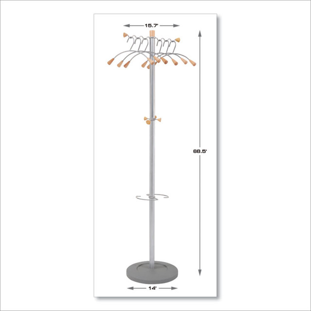 ALBA PMWAVE Wavy Coat Tree, Six Hangers/Two Knobs/Four Hooks, 18.88w x 14d x 68.5h, Silver/Wood