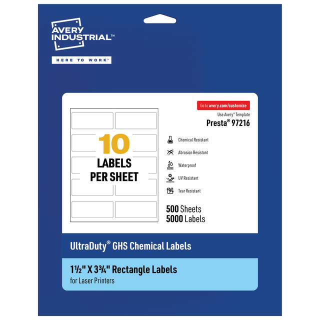 AVERY PRODUCTS CORPORATION 97216-WMU500 Avery Ultra Duty Permanent GHS Chemical Labels, 97216-WMU500, Rectangle, 1-1/2in x 3-3/4in, White, Pack Of 5,000