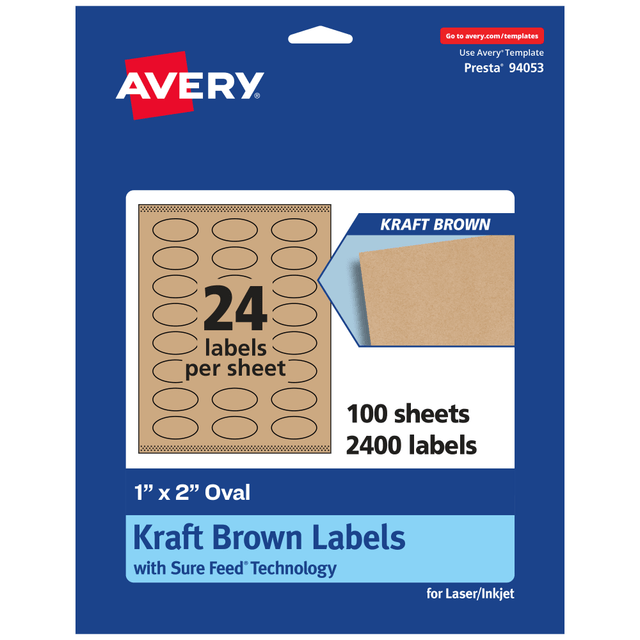 AVERY PRODUCTS CORPORATION 94053-KMP100 Avery Kraft Permanent Labels With Sure Feed, 94053-KMP100, Oval, 1in x 2in, Brown, Pack Of 2,400 AVERY PRODUCTS CORPORATION 94053-KMP100 Avery Kraft Permanent Labels With Sure Feed, 94053-KMP100, Oval, 1in x 2in, Brown, Pack Of 2,400