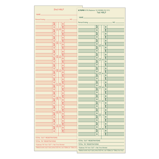 TOPS BUSINESS FORMS 1276 TOPS Time Cards (Replaces Original Cards 10-100372 & CH131), Numbered Days, 2-Sided, Semi-Monthly Format, 10 1/2in x 3 1/2in, Box Of 500