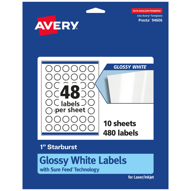 AVERY PRODUCTS CORPORATION 94606-WGP10 Avery Glossy Permanent Labels With Sure Feed, 94606-WGP10, Starburst, 1in, White, Pack Of 480